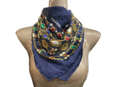 CHANEL NAVY BLUE SILK SCARF W JEWELED CHAIN MOTIF