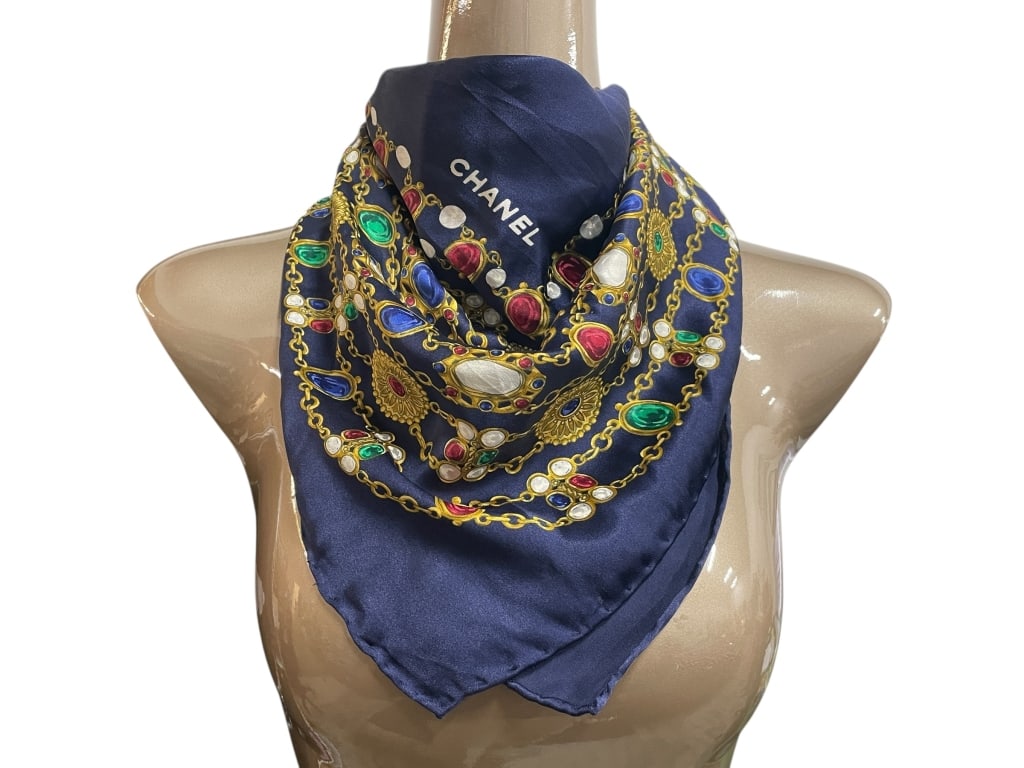 CHANEL NAVY BLUE SILK SCARF W JEWELED CHAIN MOTIF (1 of 4)