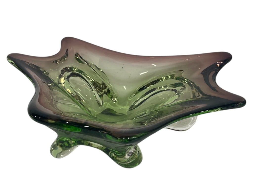 MURANO STYLE ART GLASS BOWL GREEN & AMETHYST 10" (1 of 8)