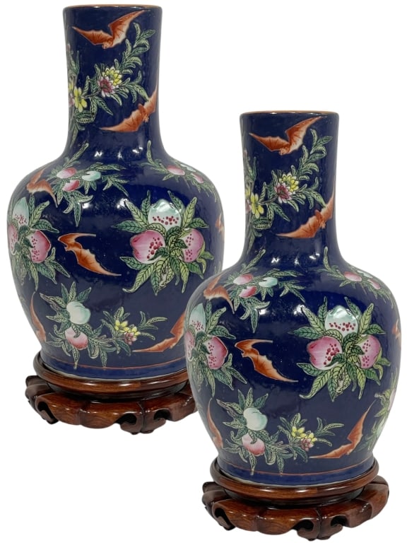 CHINESE FAMILLE ROSE BATS & PEACHES VASES 15" PAIR (1 of 6)
