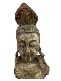 ANTIQUE CHINESE CARVED WOOD BUST OF GUANYIN 21"