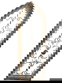 GOTHIC CHURCH WINDOW FRAME WROUGHT IRON SCROLL: A unique repurposed Gothic-style window frame salvaged from a church or cathedral-inspired building, now adapted for decorative wall use. The tall arched wooden frame retains a naturally weathered, di