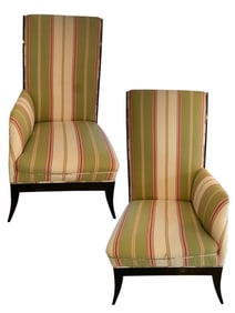 PAIR OF STRIPED HIGH BACK ACCENT CHAIRS