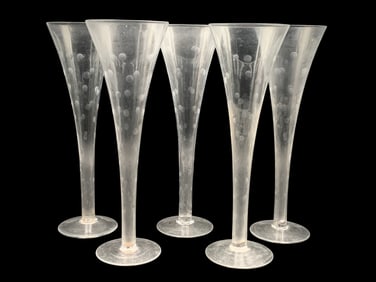 SET OF FIVE ETCHED CRYSTAL CHAMPAGNE FLUTES 10"