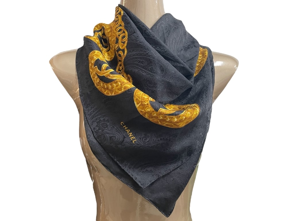 CHANEL BLACK SILK SCARF W GOLD MEDALLION CHAIN 34" (1 of 4)