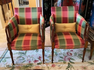 PAIR OF VINTAGE REGENCY STYLE PLAID ARMCHAIRS