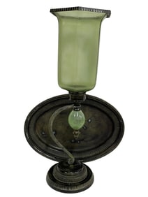 VTG GREEN ART GLASS HURRICANE LANTERN W TRAY 20"
