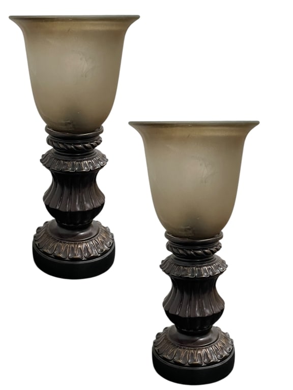 PAIR OF TRADITIONAL BRONZE-FINISH ACCENT LAMPS: MATCHED PAIR OF TRADITIONAL BRONZE-FINISH ACCENT UPLIGHT LAMPS WITH ALABASTER-LOOK SHADES -A handsome, matched pair of small, traditional accent lamps featuring an oil-rubbed bronze finish with subtle