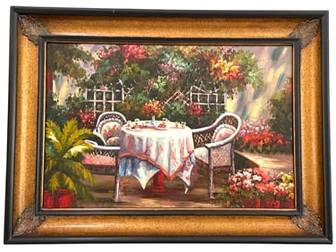 LARGE ROMANTIC GARDEN BISTRO OIL ON CANVAS 44.5"