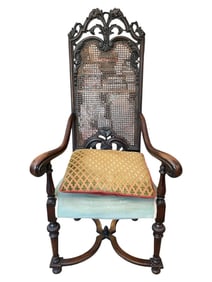 QUEEN ANNE SPANISH FOOT WOOD CANED ARMCHAIR 56"