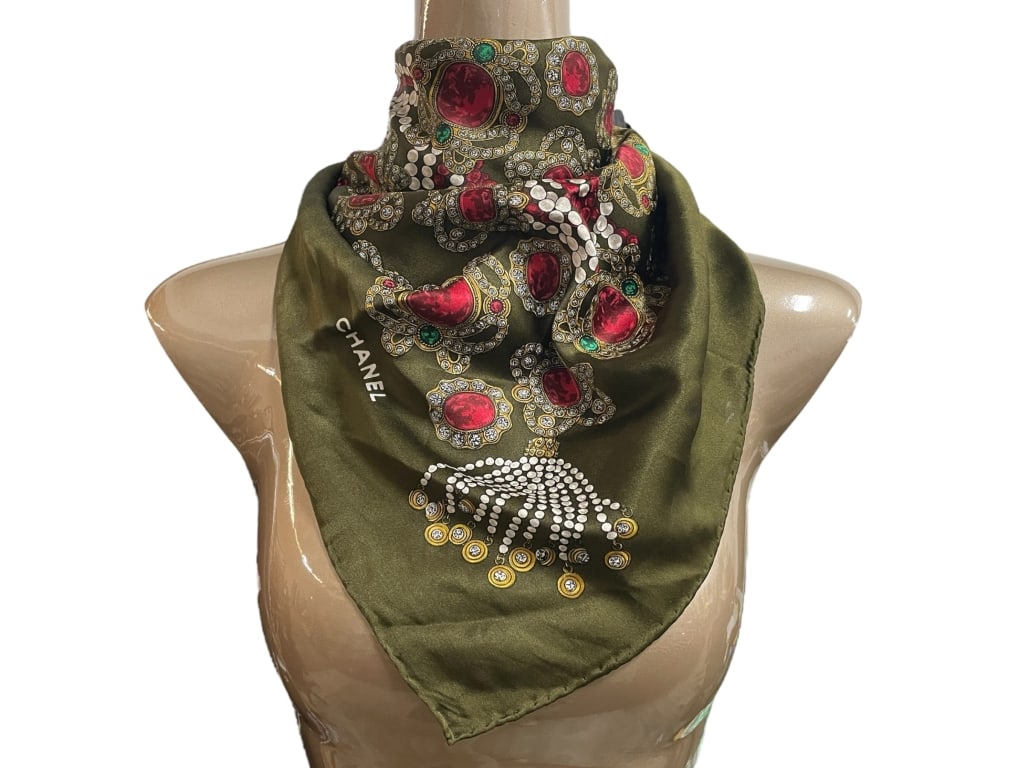 CHANEL OLIVE GREEN SILK SCARF W JEWEL PRINT 33" (1 of 4)