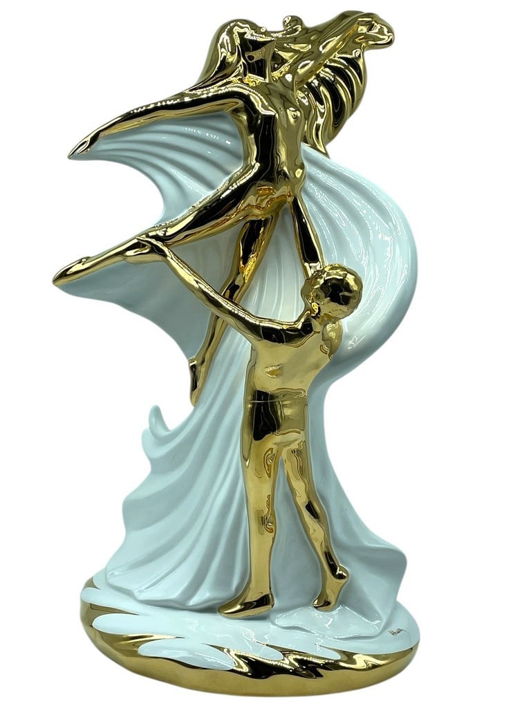 LARGE AHURA ITALIAN PORCELAIN SCULPTURE 22": LARGE AHURA ITALIAN PORCELAIN SCULPTURE, 24K GOLD DANCERS -This is a large and dramatic Ahura Italian porcelain sculpture, a Modernist piece of figurative art that commands attention. The highly styli