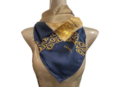 CHANEL NAVY AND GOLD CHAIN MOTIF SILK SCARF 33"