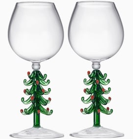 NEW IN BOX!  SET OF 2 CHRISTMAS TREE WINE GLASSES