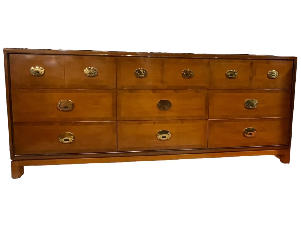 HICKORY YEW WOOD 6-DRAWER DRESSER: HICKORY YEW WOOD 6-DRAWER DRESSER FEATURING CLASSIC CAMPAIGN-STYLE HARDWARE AND A BEAUTIFULLY FINISHED TOP. MEASURING 72” W X 19” D X 30” H, THIS PIECE COMBINES TIMELESS ELEGANCE WIT