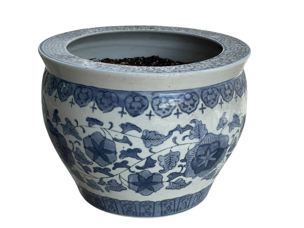BLUE & WHITE CHINOISERIE FISHBOWL PLANTER: TRADITIONAL BLUE AND WHITE CHINOISERIE PORCELAIN FISHBOWL PLANTER -This is a beautiful example of a classic Chinese-style blue and white porcelain Fishbowl Planter or Jardinière. This piece features 