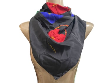 CHANEL MULTICOLOR HANDBAG PRINT SILK SCARF 33"
