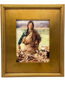FRAMED OIL PAINTING SHEPHERD WITH FLOCK  16"