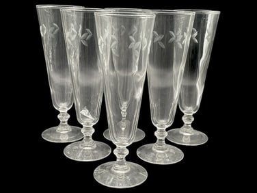 SET OF SIX ETCHED GLASS CHAMPAGNE FLUTES 8"