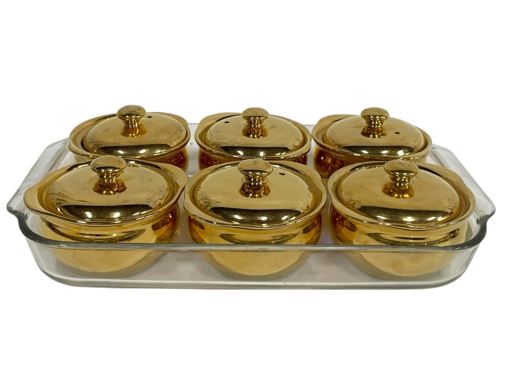 HALL GOLD CERAMIC COVERED RAMEKINS WITH GLASS TRAY (1 of 11)