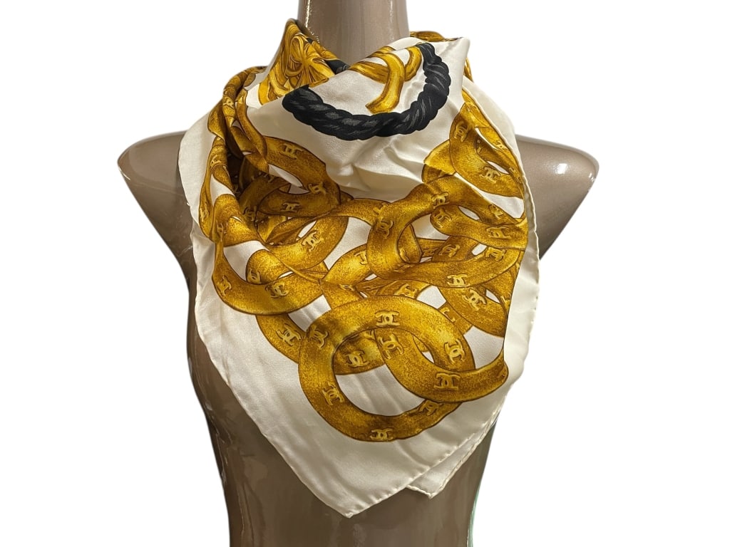 CHANEL WHITE AND GOLD CHAIN MOTIF SILK SCARF 37" (1 of 4)