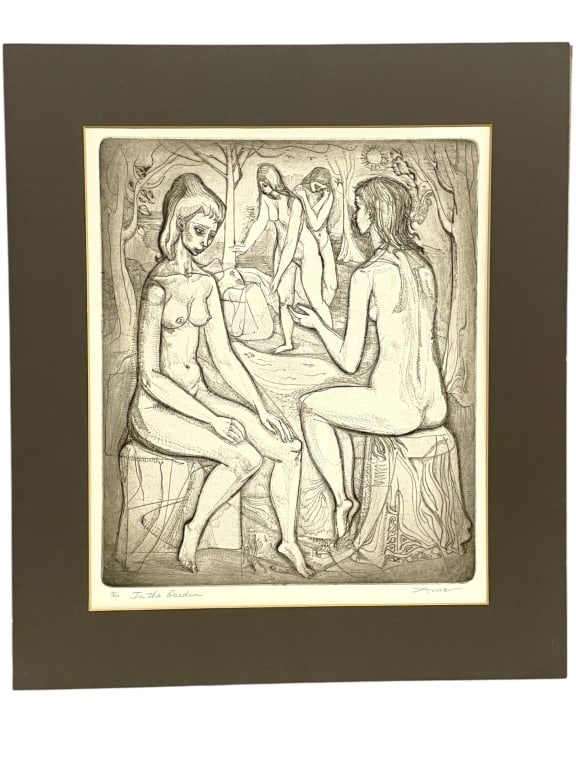 IRVING AMEN ETCHING / AQUATINT PRINT 25": IRVING AMEN (1918–2006) LIMITED EDITION ETCHING/AQUATINT - "IN THE GARDEN -"A highly sought-after original limited edition intaglio print, likely an etching or aquatint, titled "In the Garden" and h
