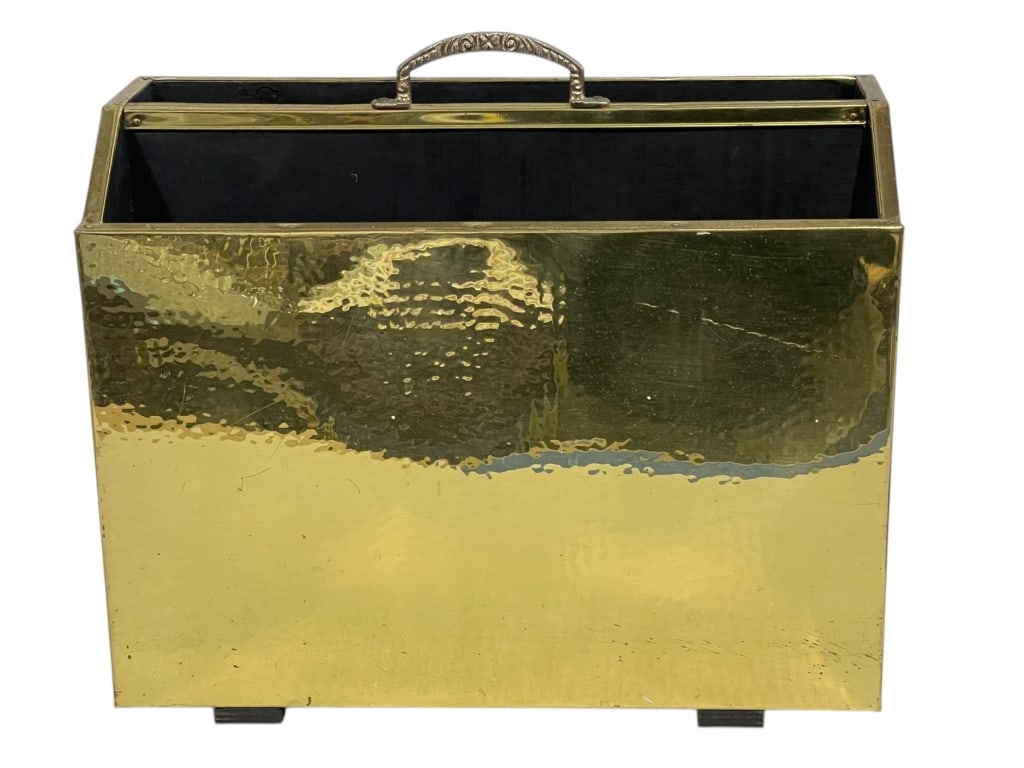 HAMMERED BRASS FIREPLACE HOD / MAGAZINE RACK: VINTAGE HAMMERED BRASS FIREPLACE HOD / MAGAZINE RACK A functional and highly polished vintage brass fireplace accessory in the traditional Coal Hod or Scuttle style, perfect for contemporary use as a
