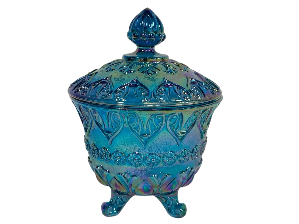 BLUE CARNIVAL GLASS STYLE COVERED CANDY DISH 7": BLUE CARNIVAL GLASS STYLE COVERED CANDY DISH 7" -Very good pre owned condition -Approx 7"h x 5"w -Beautiful vintage blue carnival glass covered candy dish featuring an ornate embossed design with flor