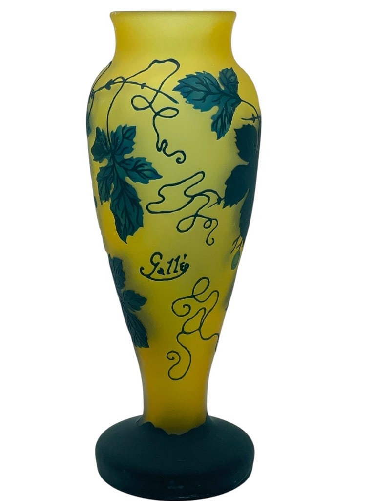 AFTER GALLE ART NOUVEAU STYLE CAMEO GLASS VASE 15": ART NOUVEAU STYLE CAMEO GLASS VASE, AFTER EMILE GALLÉ -This is a decorative modern Art Nouveau style glass vase, executed "After Gallé," employing the famous French cameo glass techniques. The taper