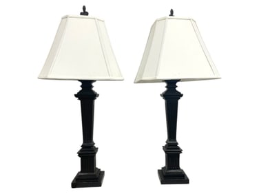 PAIR OF BROWN COLUMN TABLE LAMPS WITH SHADES 37"