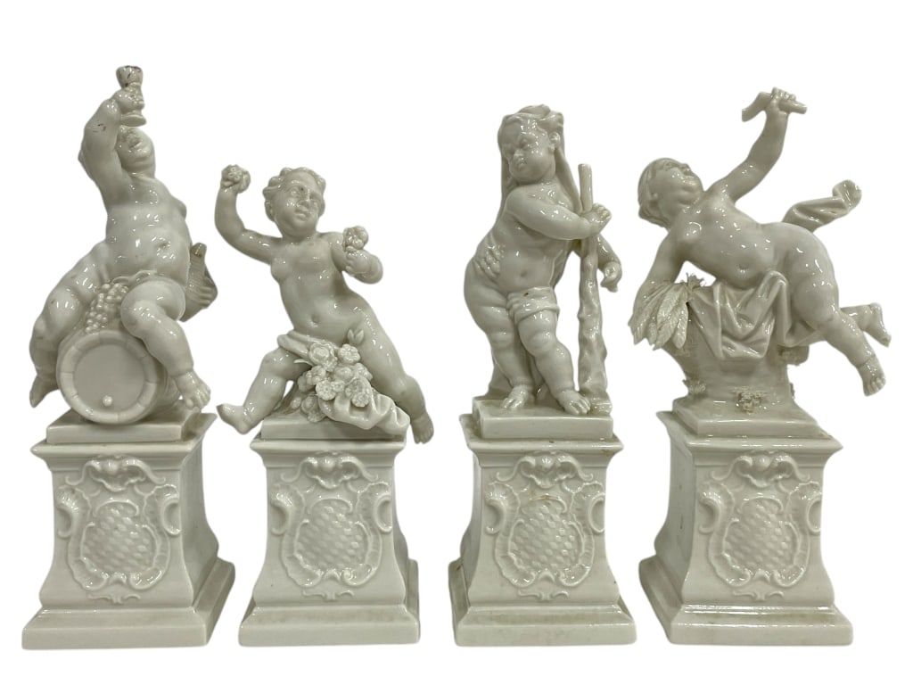 4 NYMPHENBURG PORCELAIN PUTTI FIGURINES 7": 4 NYMPHENBURG PORCELAIN PUTTI FIGURINES 7" -Good pre owned condition, see photos for wear and repairs -Approx 6"-7" tall 2.5" wide -Exquisite set of four finely detailed porcelain cherub figures, each