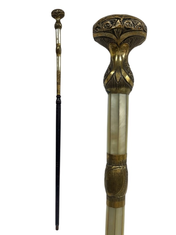 BRASS AND MOTHER-OF-PEARL INLAID WALKING CANE 32" (1 of 5)