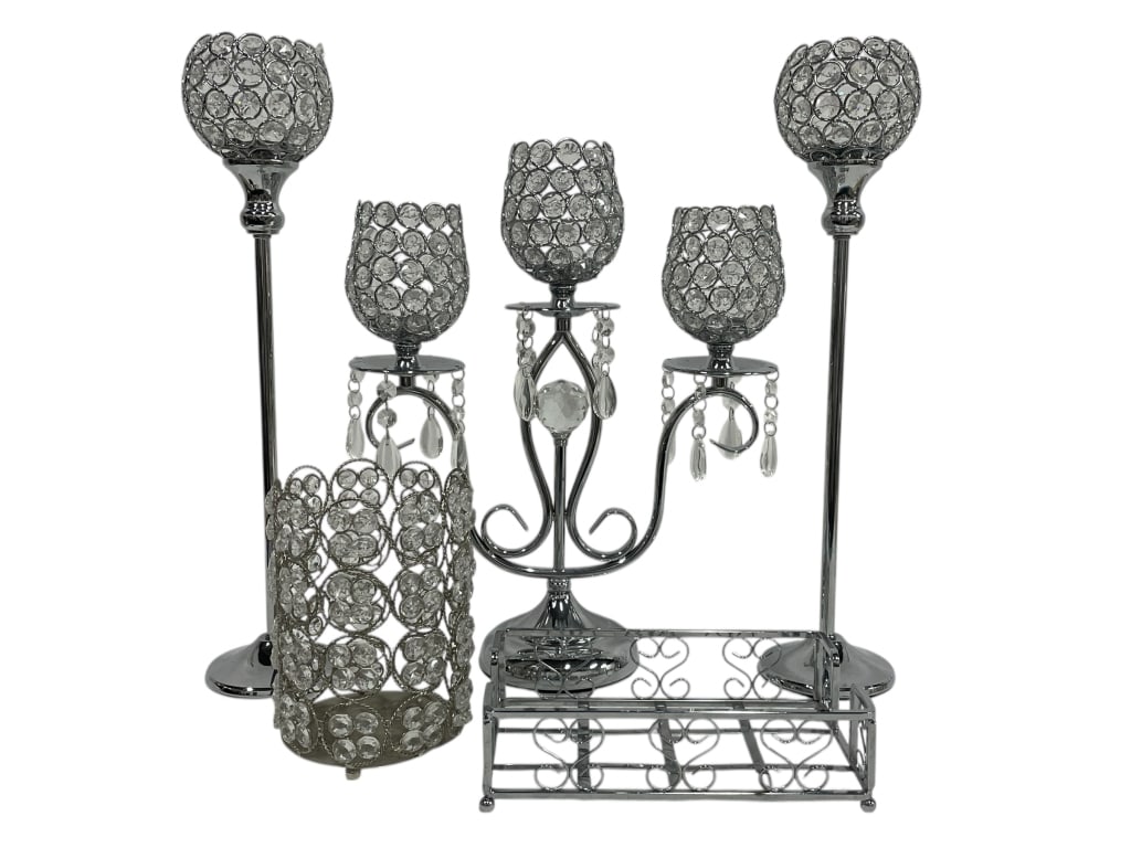 SET OF 5 CRYSTAL AND CHROME PIECES: SET OF 5 CRYSTAL AND CHROME PIECES -Very good pre owned condition -Includes 5 pieces -Each piece features faceted crystal accents that shimmer beautifully when lit, adding a touch of glamour to any di