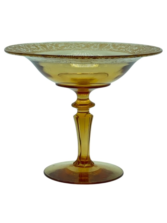 VINTAGE FOSTORIA ELEGANT GLASS AMBER COMPOTE: VINTAGE FOSTORIA ELEGANT GLASS AMBER COMPOTE- CHINTZ ETCH #305 -An exquisite piece of American Elegant Glass from the Fostoria Glass Company, circa 1930s, featuring the highly sought-after Chintz (Etc
