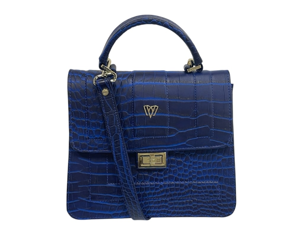 MARGARITA CORNEJO CROC-EMBOSSED BLUE HANDBAG: MARGARITA CORNEJO CROC-EMBOSSED BLUE HANDBAG -Very good pre owned condition -Approx 9"h x 9.5"w x 3"d -Structured handbag in vibrant royal blue faux croc-embossed leather with gold-tone hardware. Feat