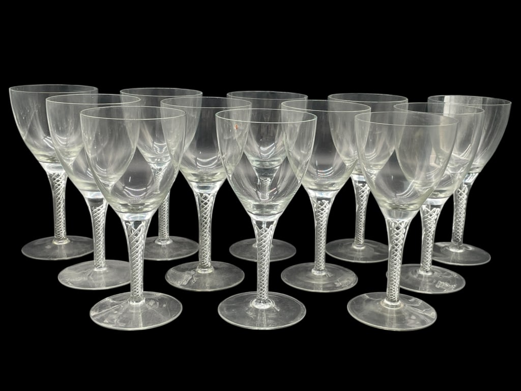 12 AIR TWIST STEM WINE GLASSES 7": 12 AIR TWIST STEM WINE GLASSES 7" -Very good pre owned condition -Approx 7"h x 3.25"w -a highly desirable and collectible glassmaking technique associated with 18th-century English and Venetian glass.