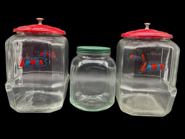 SET OF THREE VINTAGE GLASS STORE JARS