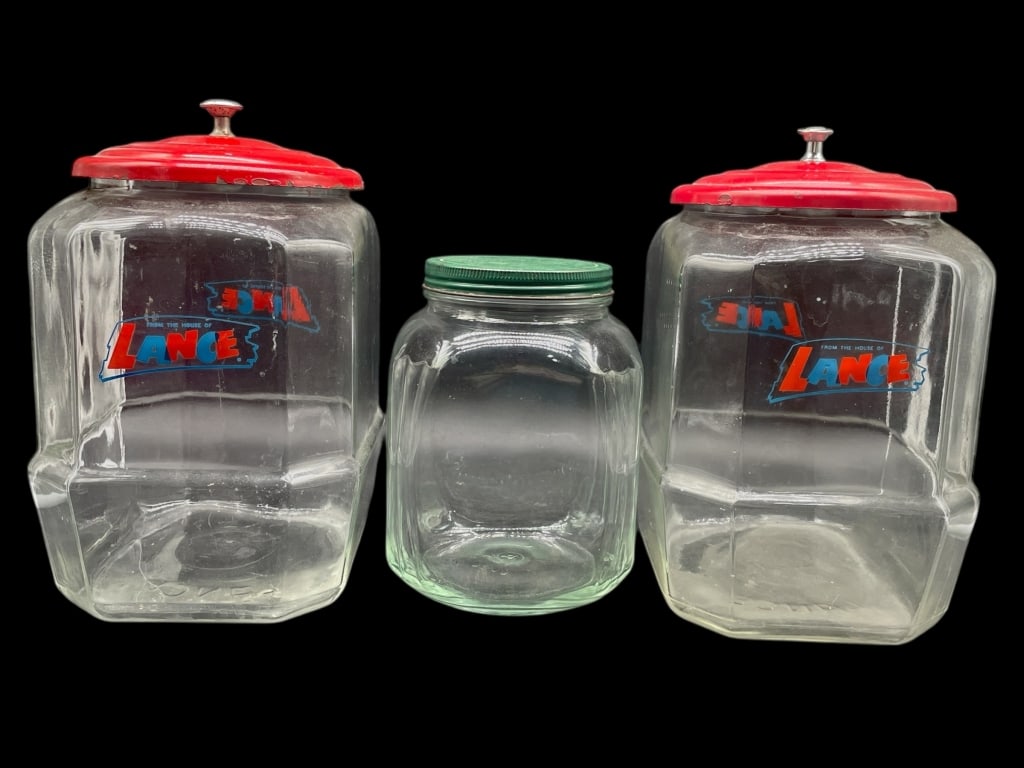 SET OF THREE VINTAGE GLASS STORE JARS (1 of 9)