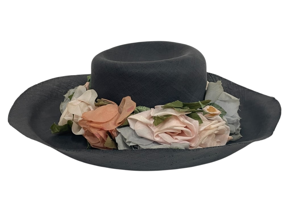 WIDE BRIM HAT WITH SILK FLORAL WREATH TRIM: JAMES DAY NY SAKS FIFTH AVE WIDE BRIM HAT WITH SILK FLORAL WREATH TRIM -Vintage condition -Inside diameter approx 7" -Charming and romantic vintage wide brim hat featuring a soft charcoal/navy woven b