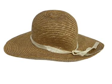 VINTAGE WIDE BRIM STRAW SUN HAT WITH RIBBON TRIM