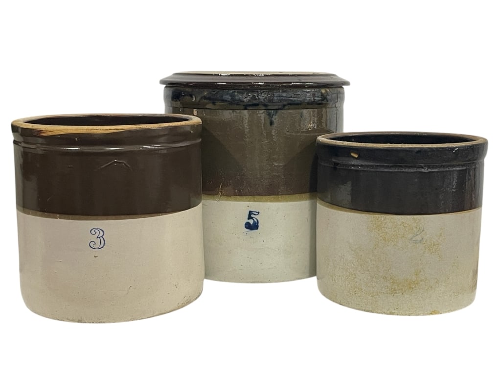 THREE VINTAGE STONEWARE CROCKS (1 of 6)
