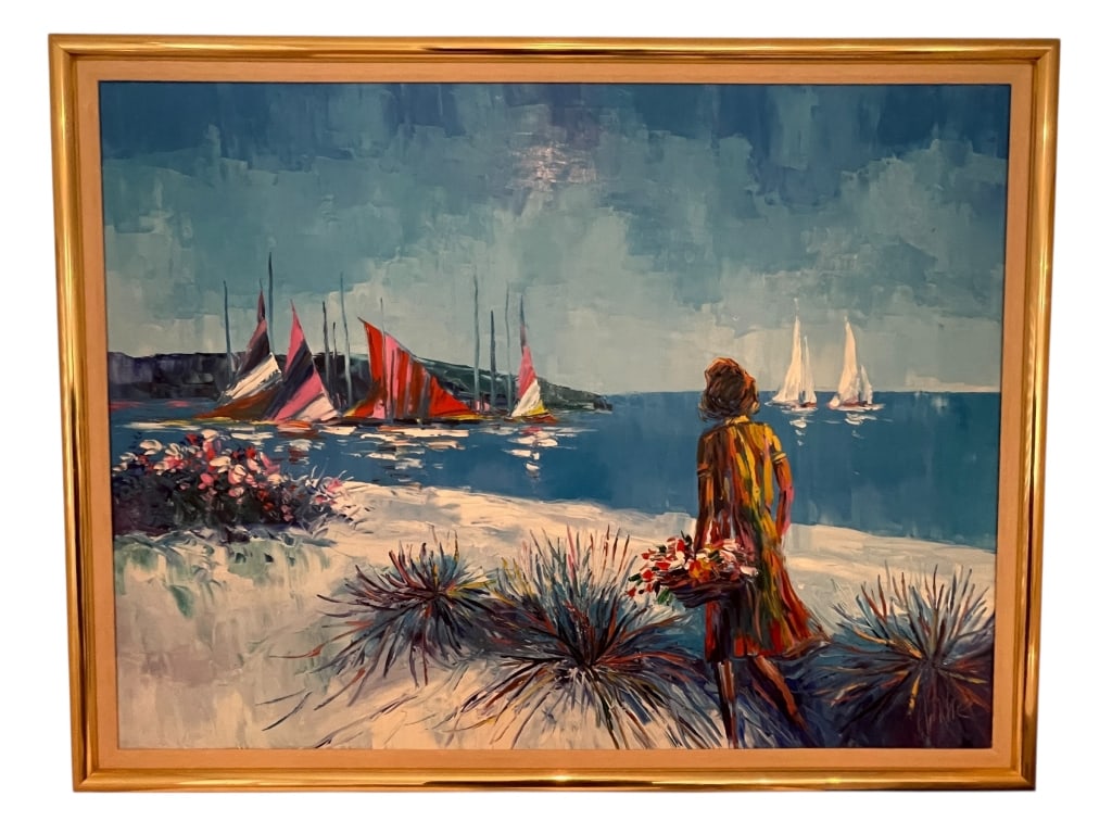ANDRE IMPRESSIONIST SEASCAPE PAINTING 51": SIGNED ANDRE COASTAL SEASCAPE OIL PAINTING -This is a vibrant and expressive original coastal oil painting signed by the artist Andre. The piece depicts a woman in a summer dress and hat gazing at sai