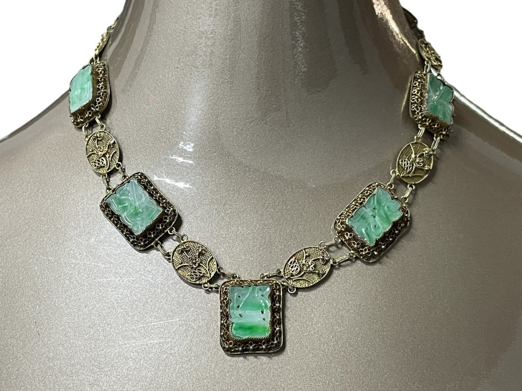 FILIGREE NECKLACE W CARVED GREEN JADEITE PANELS (1 of 7)