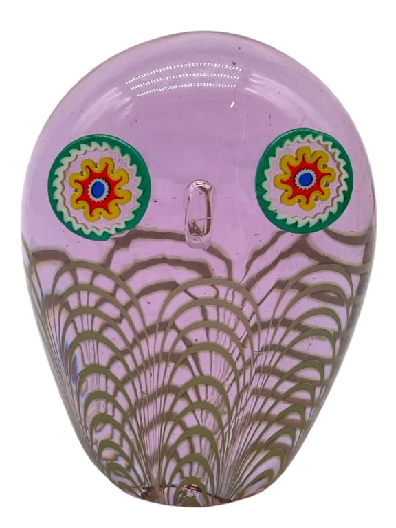 MURANO STYLE ART GLASS OWL SCULPTURE 4": MURANO STYLE ART GLASS OWL SCULPTURE 4" -Very good pre owned condition -Approx 4"h x 3"w -Charming Murano-style hand-blown art glass owl in translucent lavender, featuring distinctive millefiori glass