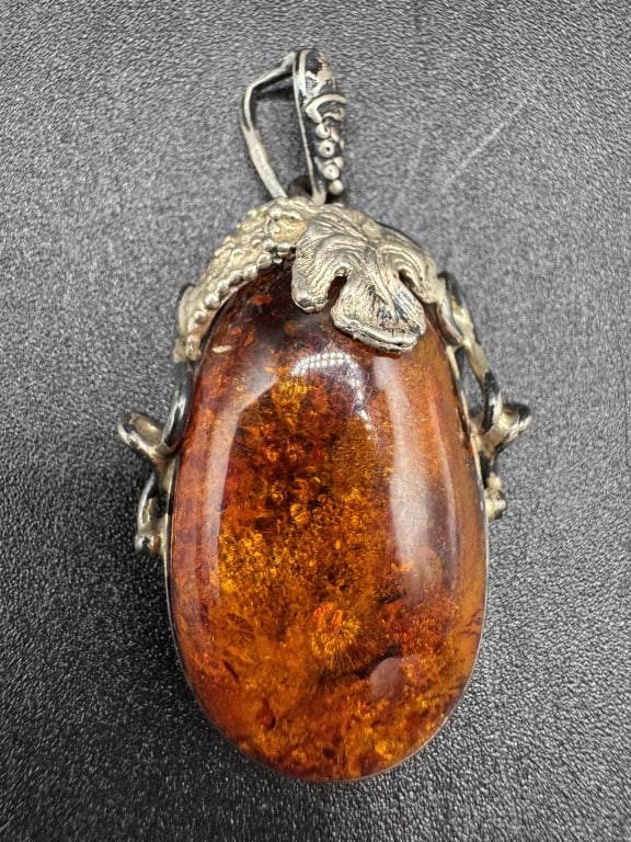 AMBER AND SILVER ART NOUVEAU PENDANT 2" (1 of 3)