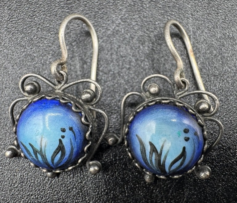 BLUE ENAMEL AND SILVER DANGLE EARRINGS 1" (1 of 4)