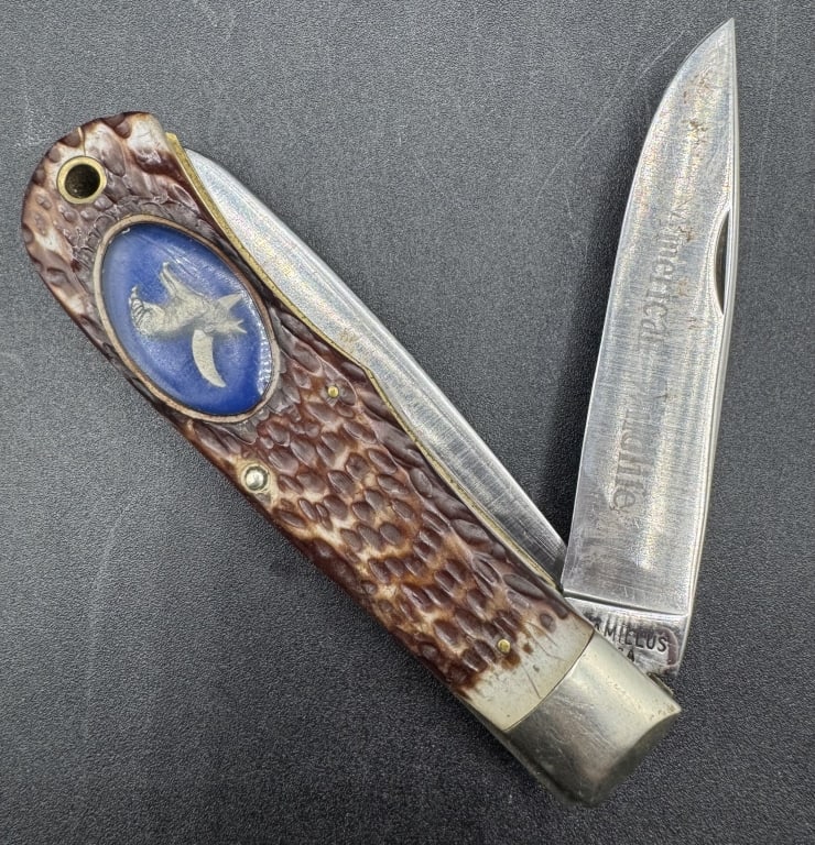AMERICAN WILDLIFE POCKET KNIFE W WOLF & MOON 4.5" (1 of 4)