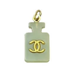 CHANEL NO 5 BOTTLE CHARM GOLD CC ON SOFT GREEN PENDANT