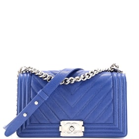 CHANEL BOY MEDIUM BLUE CAVIAR QUILTED LEATHER SILV