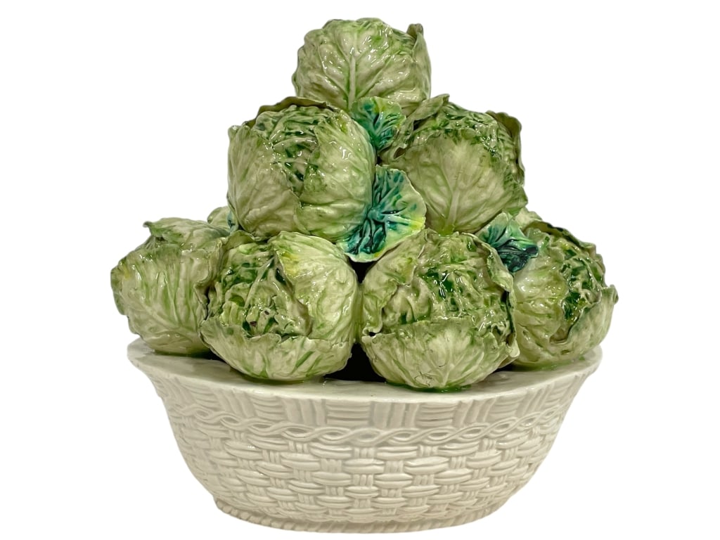 ITALIAN MAJOLICA STYLE CABBAGE FORM CENTERPIECE 9": ITALIAN MAJOLICA STYLE CABBAGE FORM CENTERPIECE 9" -Very good pre owned condition -Approx 9"h x 9"w -Charming majolica cabbage form centerpiece, hand-painted with lush shades of green and cream. This 